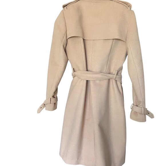 EVER NEW Tan Long Line Felt Wool Like Double Breast Belted Trench Coat Size 6 - Picture 2 of 10